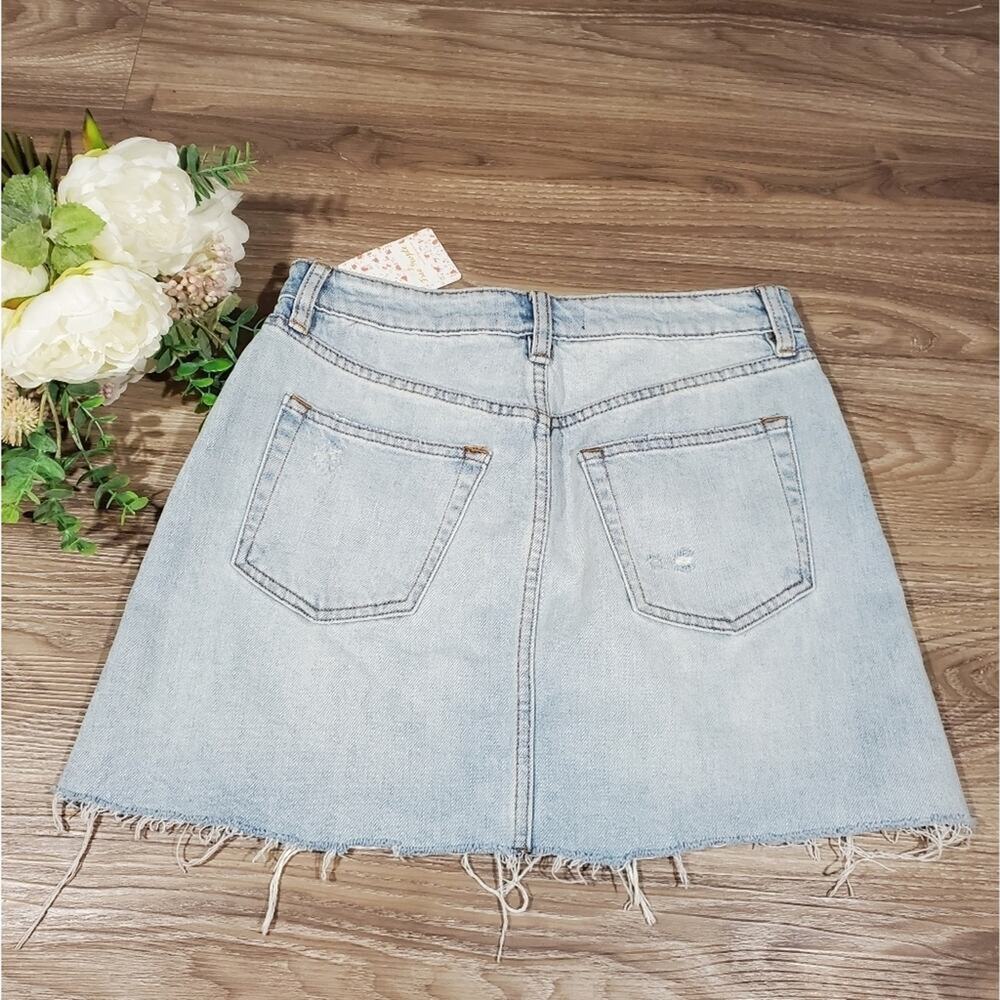 Free People Denim Mini Skirt Light Wash Distressed Button Fly Raw Hem High Rise - Picture 7 of 11